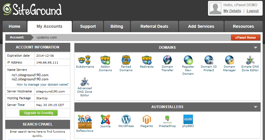 painel de controle siteground