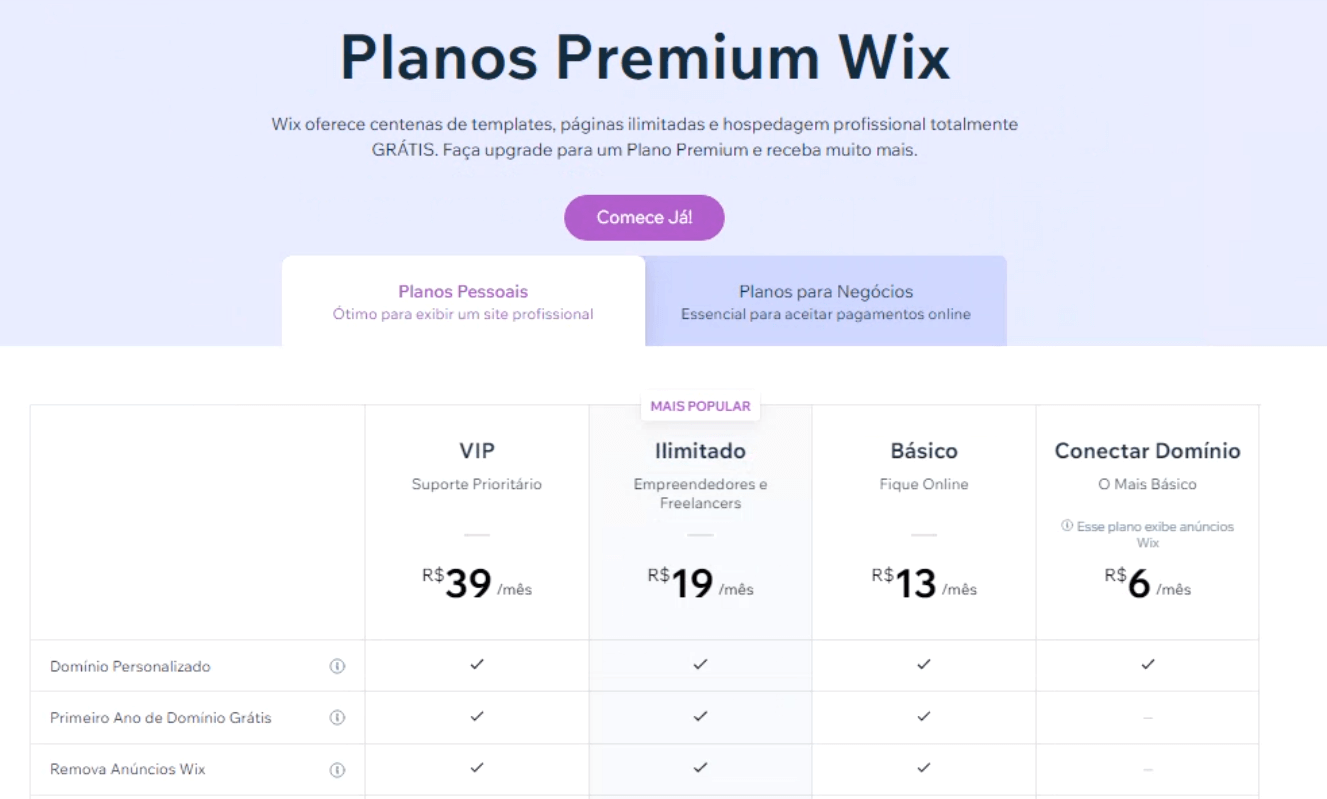 preços wix planos premium