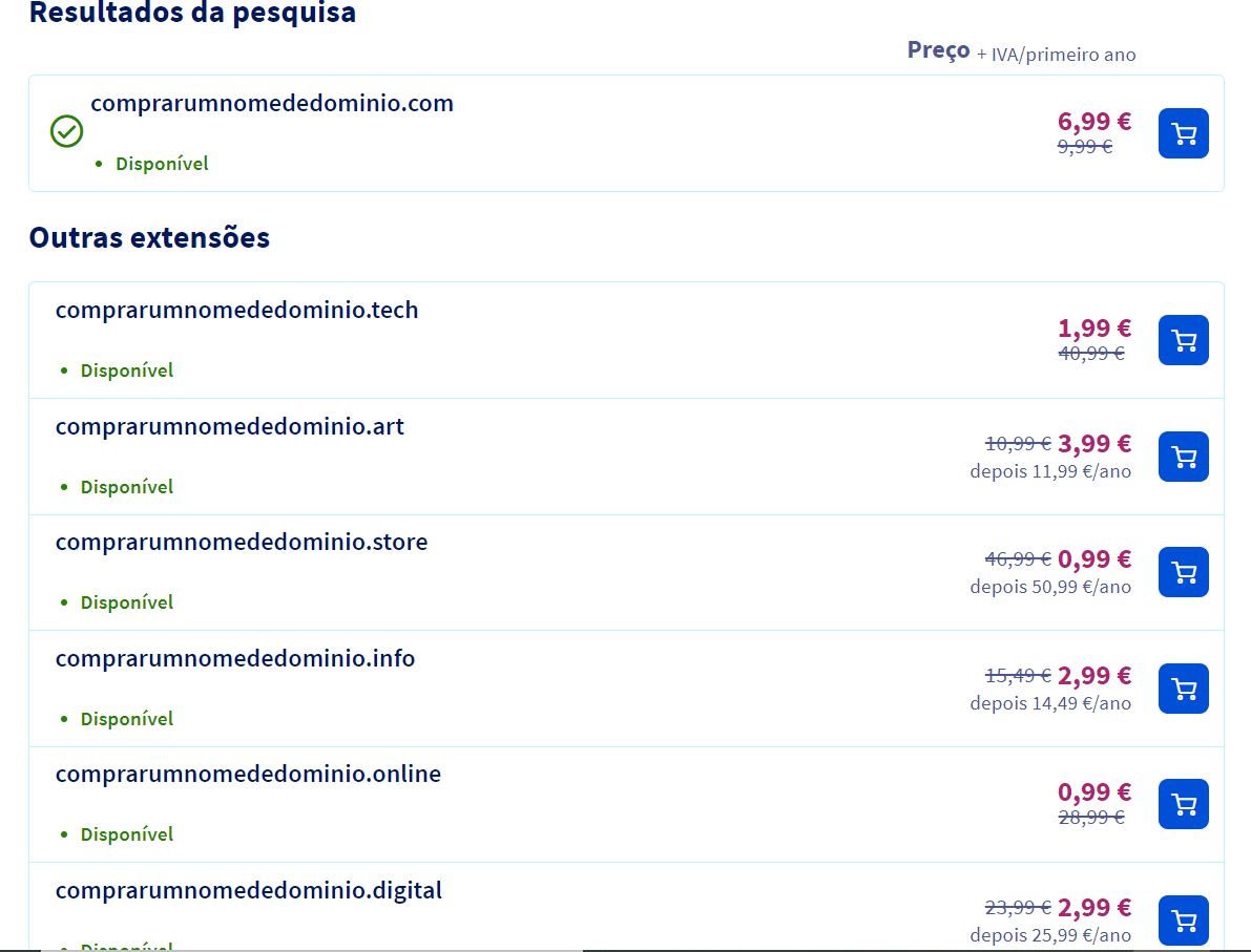 comprar um nome de dominio preços