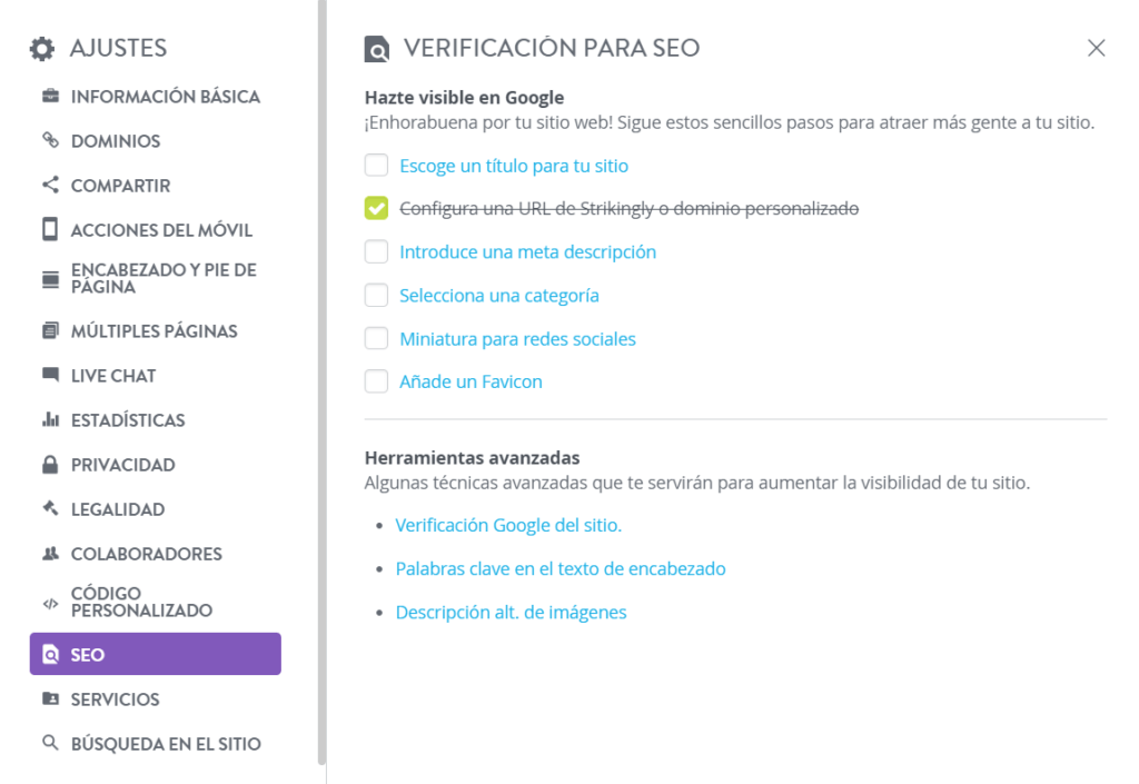 Strikingly - Menú SEO