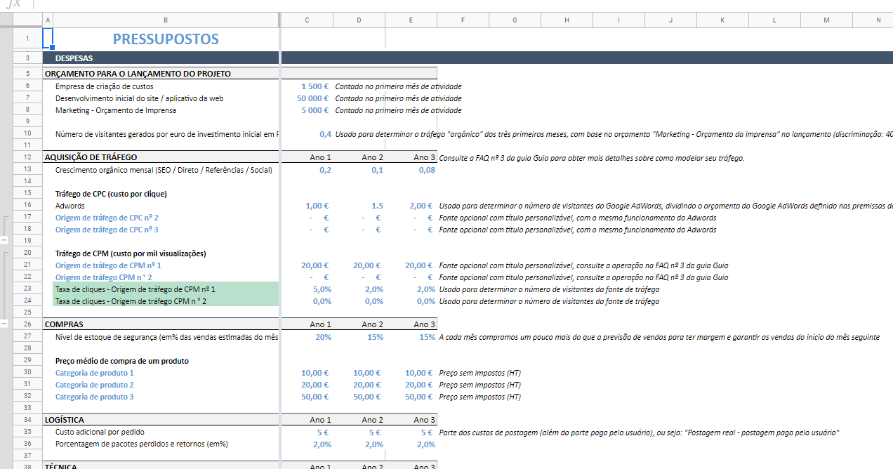 plano de negocio loja virtual excel 2